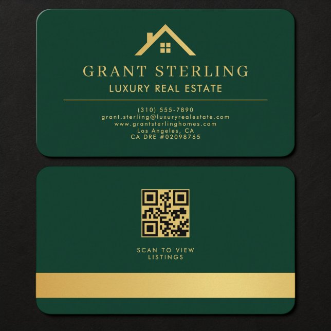  Real Estate Agent Green Gold QR Code Business Card (Creator Uploaded)