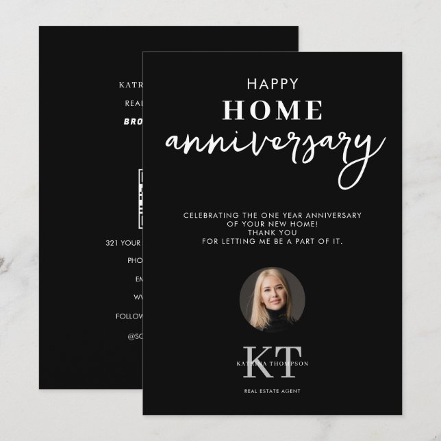 Real Estate Agent Happy Home Anniversary Black Thank You Card (Front/Back)
