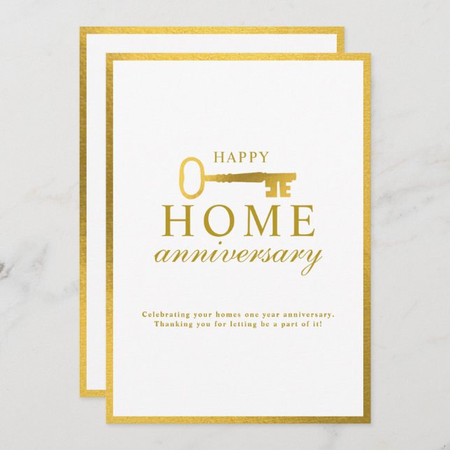 Real Estate Agent Happy Home Anniversary Gold Key Card (Front/Back)
