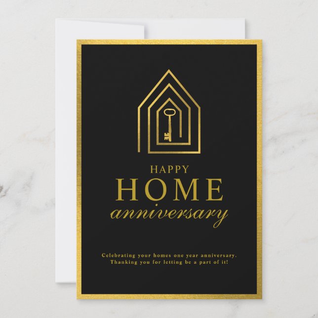 Real Estate Agent Happy Home Anniversary Gold Key Card (Front)