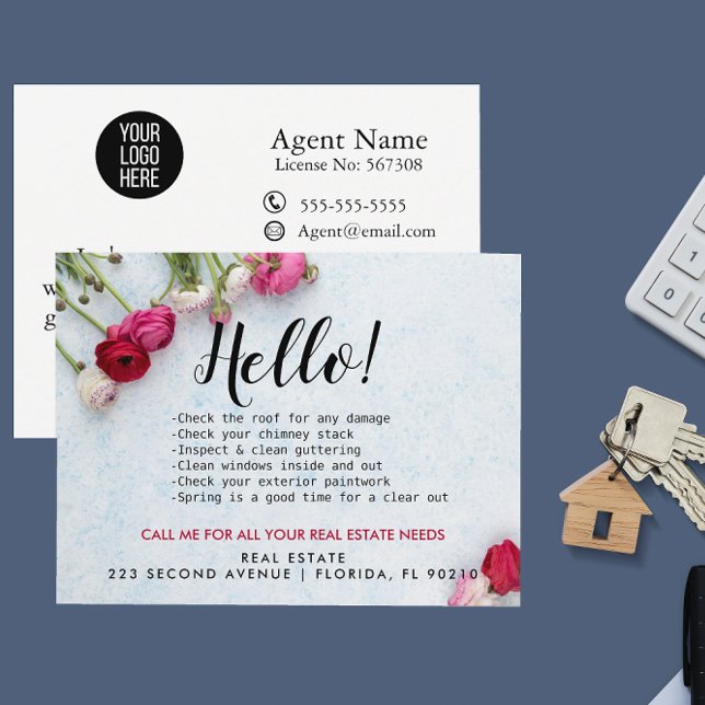 Real Estate Agent HELLO Roses Spring Checklist  Announcement Postcard (Creator Uploaded)