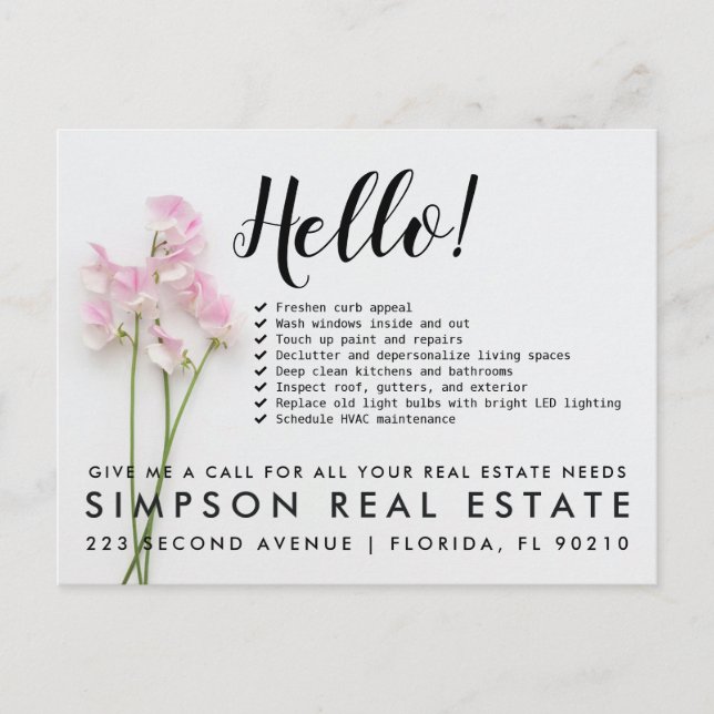 Real Estate Agent HELLO Spring checklist Announcement Postcard (Front)