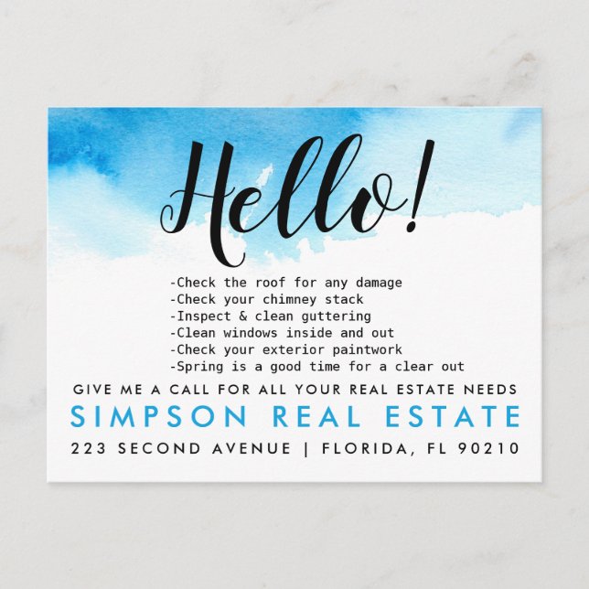 Real Estate Agent HELLO Spring checklist Announcement Postcard (Front)