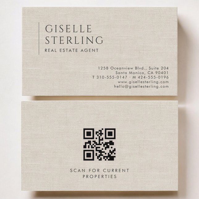 Real Estate Agent Luxury Neutral Linen QR Code Business Card (Creator Uploaded)