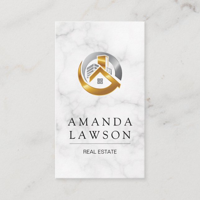 Real Estate Agent | Marble | Gold Silver Logo Appointment Card (Front)