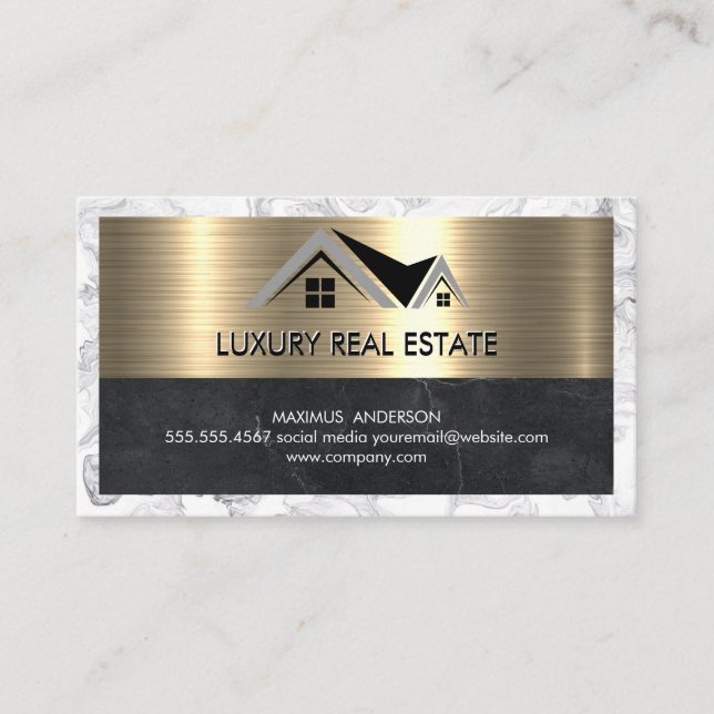 Real Estate Agent | Metallic Gold Marble Business  Business Card (Front)