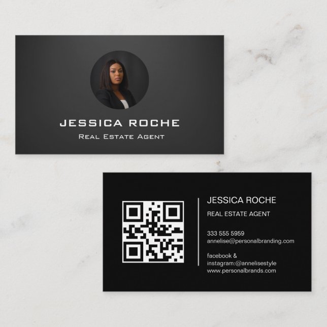 Real Estate Agent Modern Black Realtor Photo QR  Business Card (Front/Back)