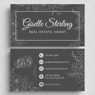 Real Estate Agent Moody Charcoal Grey Floral  Business Card