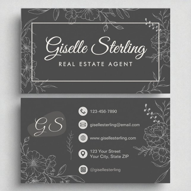 Real Estate Agent Moody Charcoal Grey Floral  Business Card (Creator Uploaded)