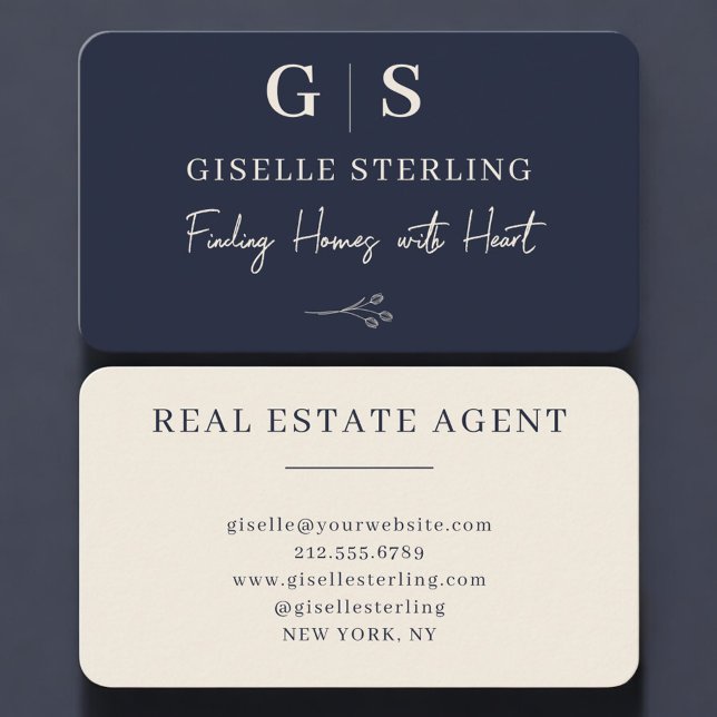 Real Estate Agent Navy Blue Monogram Business Card (Creator Uploaded)