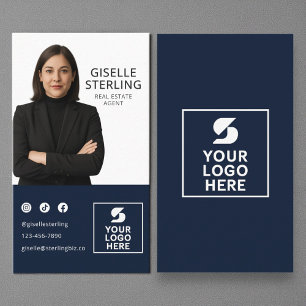 Real Estate Agent Navy Blue Photo Logo  Business Card