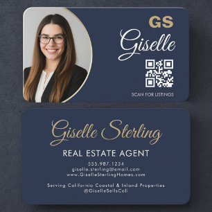 Real Estate Agent Navy Blue Photo QR Code Business Card