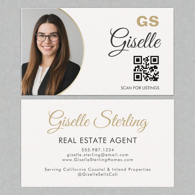 Real Estate Agent Neutral Gold Photo QR Code  Business Card (Creator Uploaded)