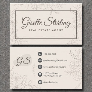 Real Estate Agent Neutral Ivory Floral Elegant Business Card