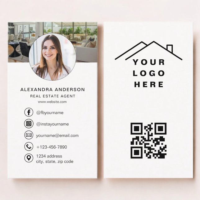  Real Estate Agent  Neutral Photo Logo QR Code Business Card (Creator Uploaded)