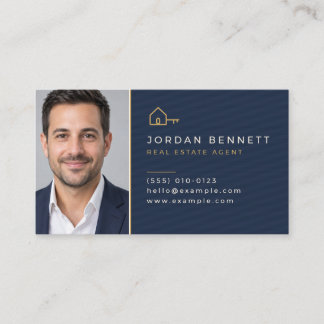 Real Estate Agent Photo Navy Gold QR Business Card