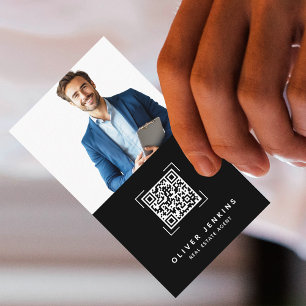 Real Estate Agent Photo QR Code Black and White Business Card