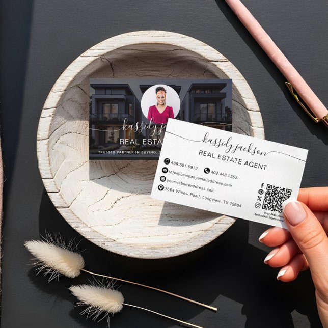 Real Estate Agent Photo QR Code Script Luxury Business Card (Elegant Script Name Circle Business Photo QR Code Business Card)