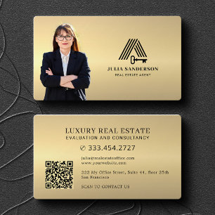 Real estate agent photo QR faux gold metallic Business Card