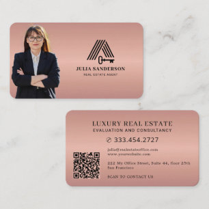 Real estate agent photo QR faux rose gold metallic Business Card