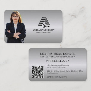 Real estate agent photo QR faux silver metallic Business Card