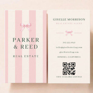 Real Estate Agent Pink Green Striped Bow QR Code Business Card