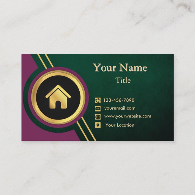 Real Estate Agent Purple Gold Black with House  Business Card (Front)