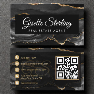 Real Estate Agent QR Code Black Gold Agate Luxury Business Card