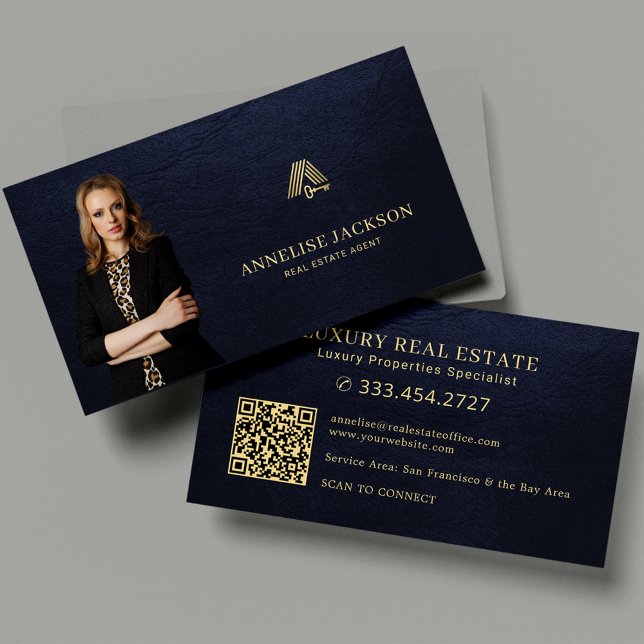Real estate agent QR code photo luxury navy gold Business Card (Creator Uploaded)