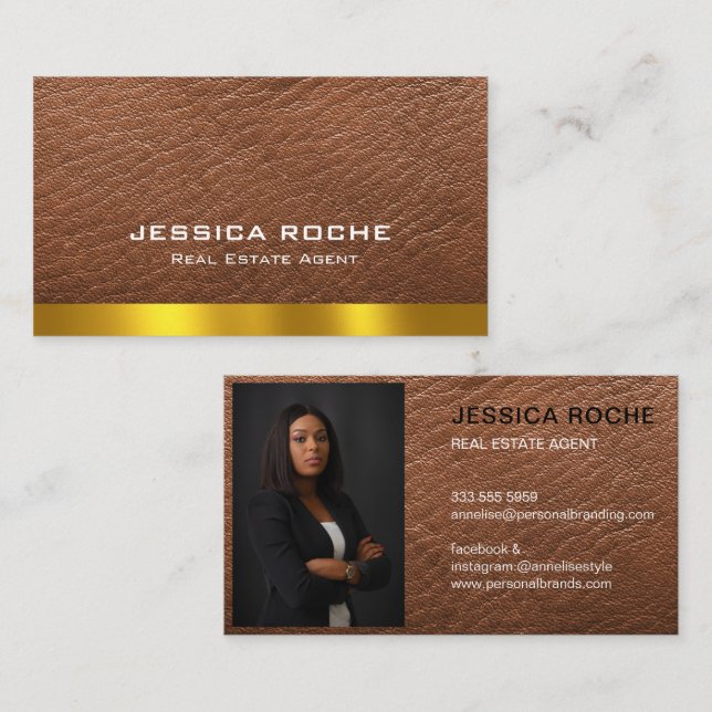 Real Estate Agent Realtor Brown Gold Custom Photo Business Card (Front/Back)
