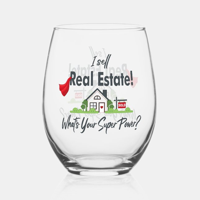 Real Estate Agent, Realtor Super Hero Stemless Wine Glass (Front)