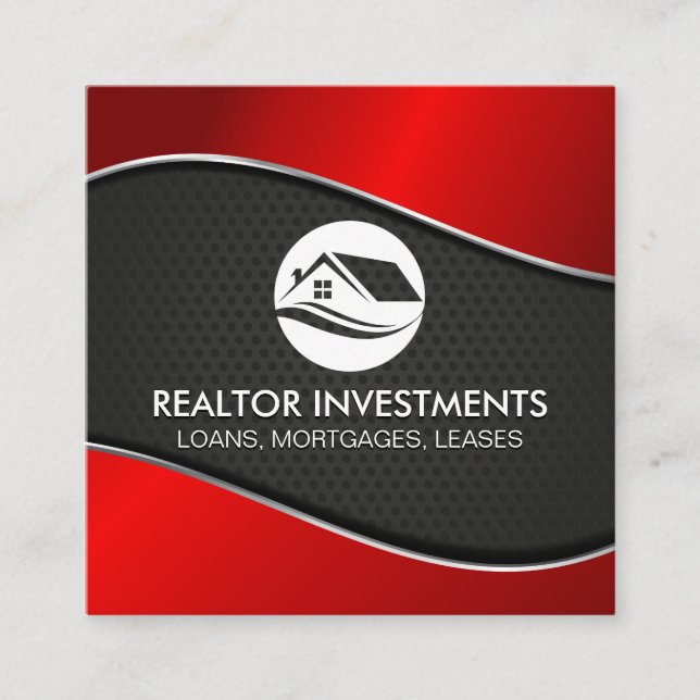 Real Estate Agent | Red Metallic | Perforated Mesh Square Business Card (Front)