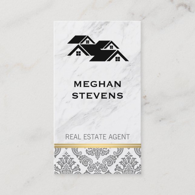 Real Estate Agent Rooftop Marble Damask Gold Trim Appointment Card (Front)