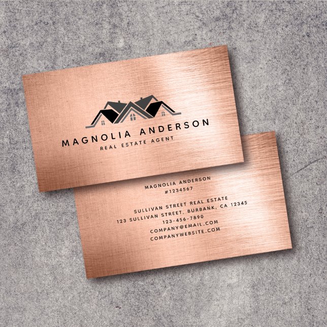 Real Estate Agent Rose Gold Brushed Metal  Business Card (Creator Uploaded)