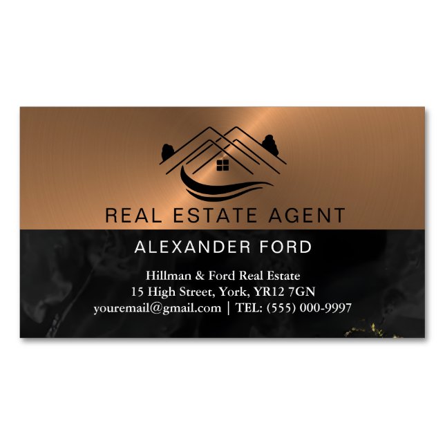 Real Estate Agent silver Metallic Copper Magnetic Business Card (Front)