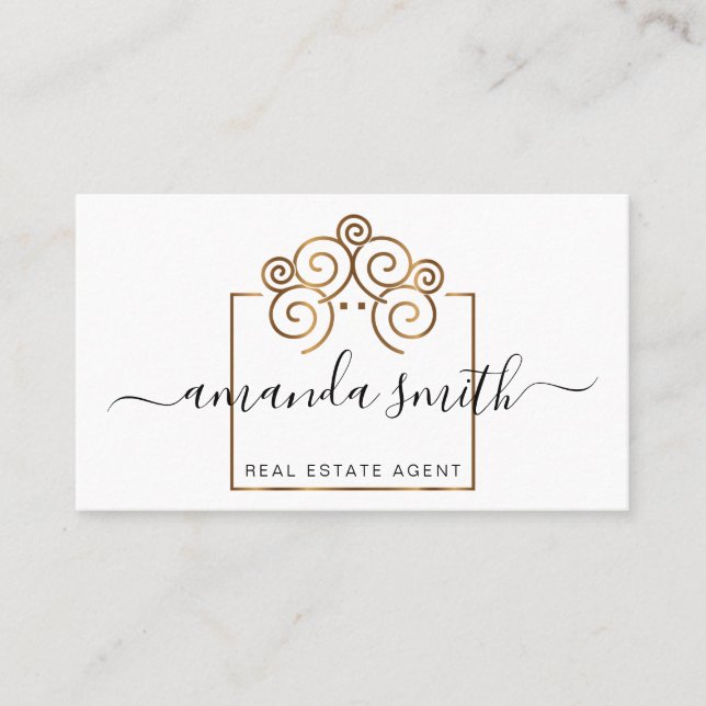 Real estate agent with treehouse in gold  business business card (Front)