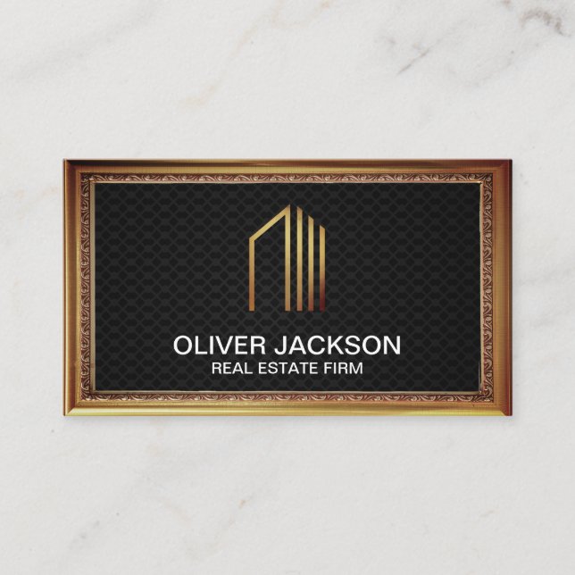 Real Estate | Antique Gold Border | Black Mesh Business Card (Front)