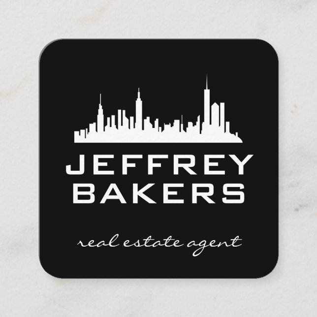 Real Estate Black White | City | Square Business Card (Front)