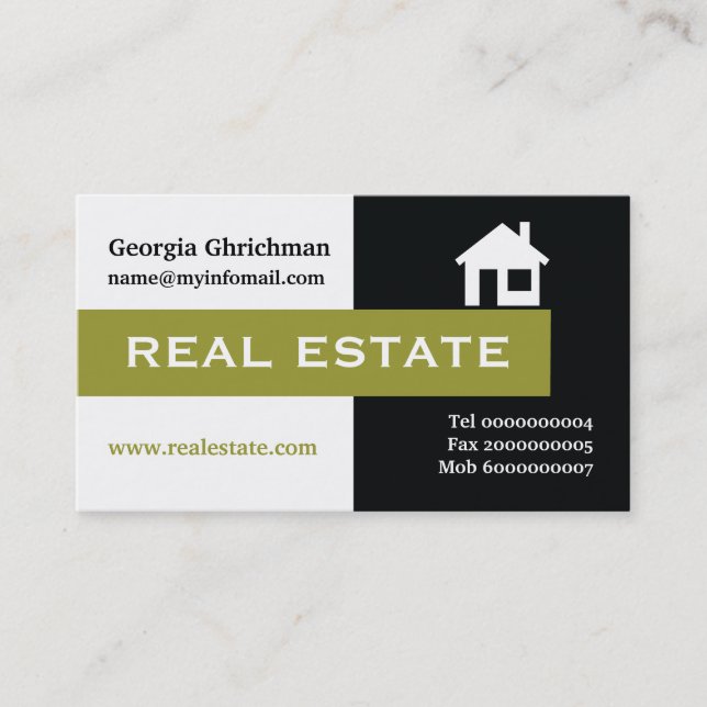 Real estate black, white, olive green eye-catching business card (Front)