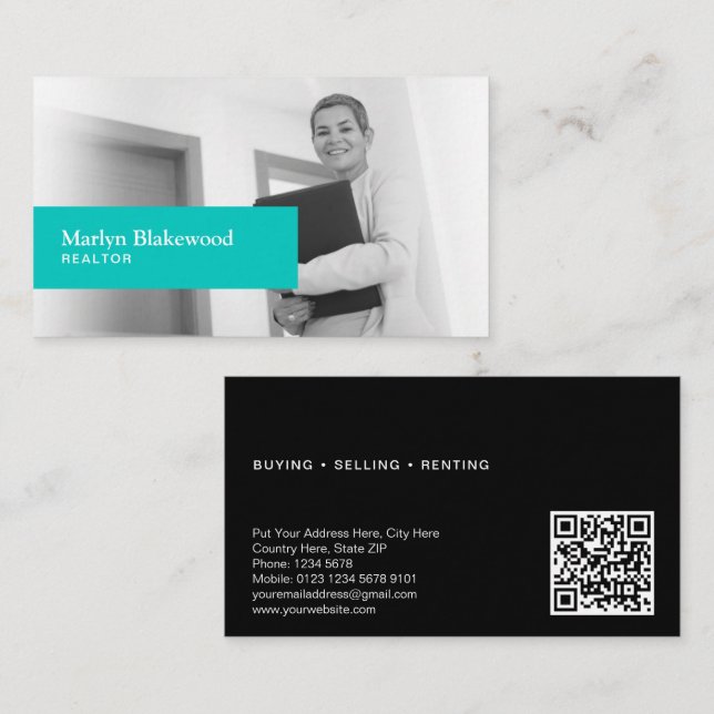 Real Estate Black & White Photo Turquoise QR Code Business Card (Front/Back)