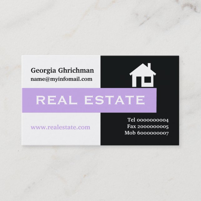 Real estate black, white, purple eye-catching business card (Front)