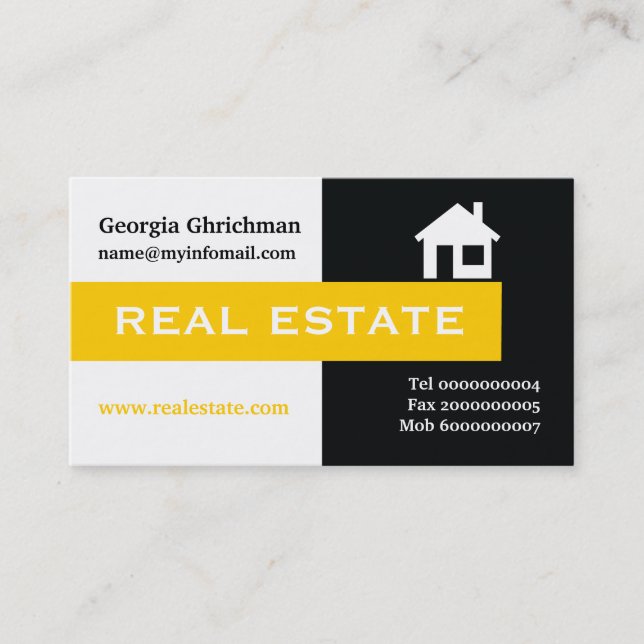 Real estate black, white, yellow eye-catching business card (Front)