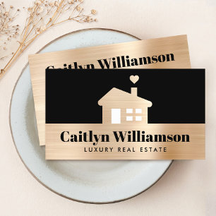 Real Estate Broker Agent Black Gold Modern House Business Card