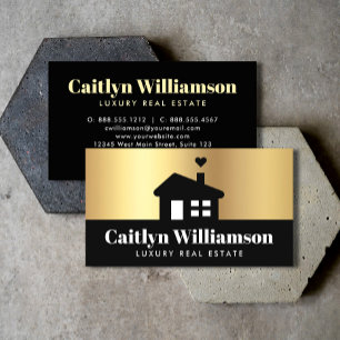 Real Estate Broker Agent Modern Black Gold House Business Card