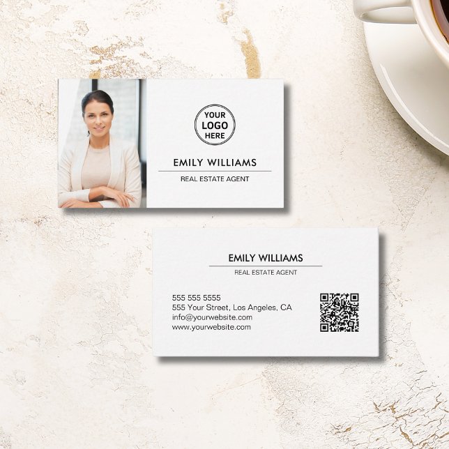 Real Estate Broker Logo Photo QR White Business Card (Real Estate Broker Logo Photo QR White Business Card)