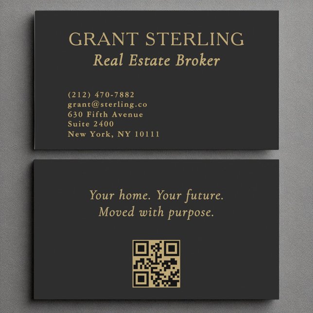 Real Estate Broker Minimalist Black Gold QR Code  Business Card (Creator Uploaded)