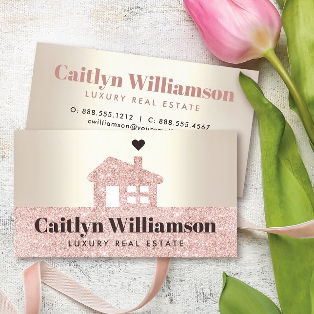 Real Estate Broker Modern Pink Glitter House Gold Business Card (Creator Uploaded)