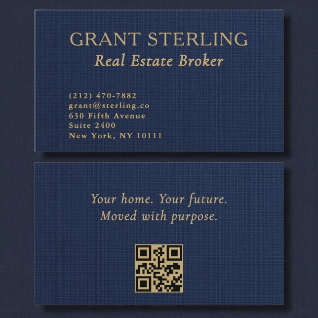 Real Estate Broker Navy Blue Gold Linen QR Code  Business Card (Creator Uploaded)
