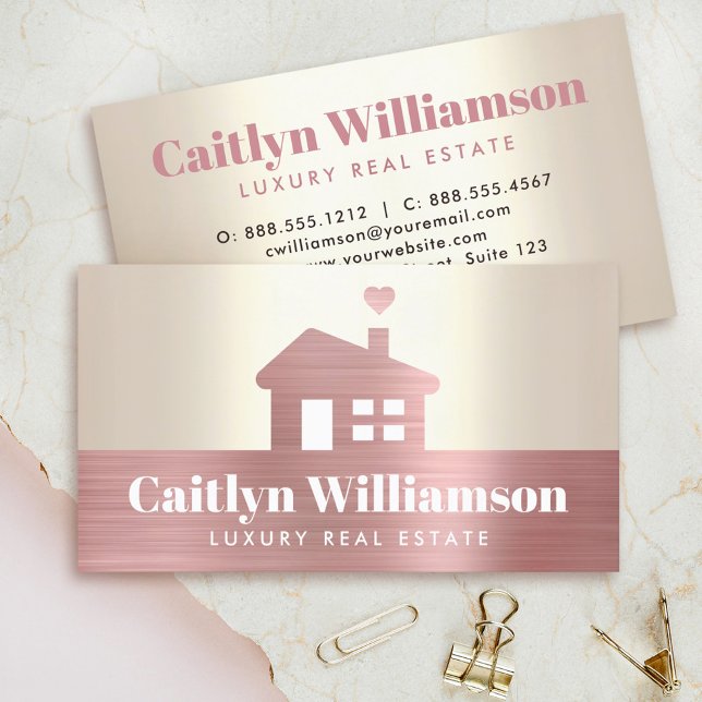 Real Estate Broker Pink Foil House Gold Modern Business Card (Creator Uploaded)