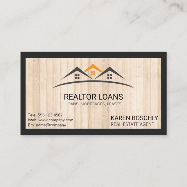 Real Estate | Buildings Icon | Wood Trim | Border Business Card (Front)